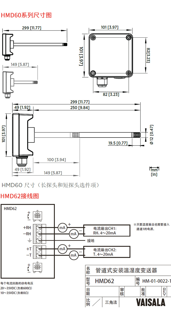 管道安裝式溫濕度變送器HMD62和HMD65尺寸圖和接線(xiàn)圖