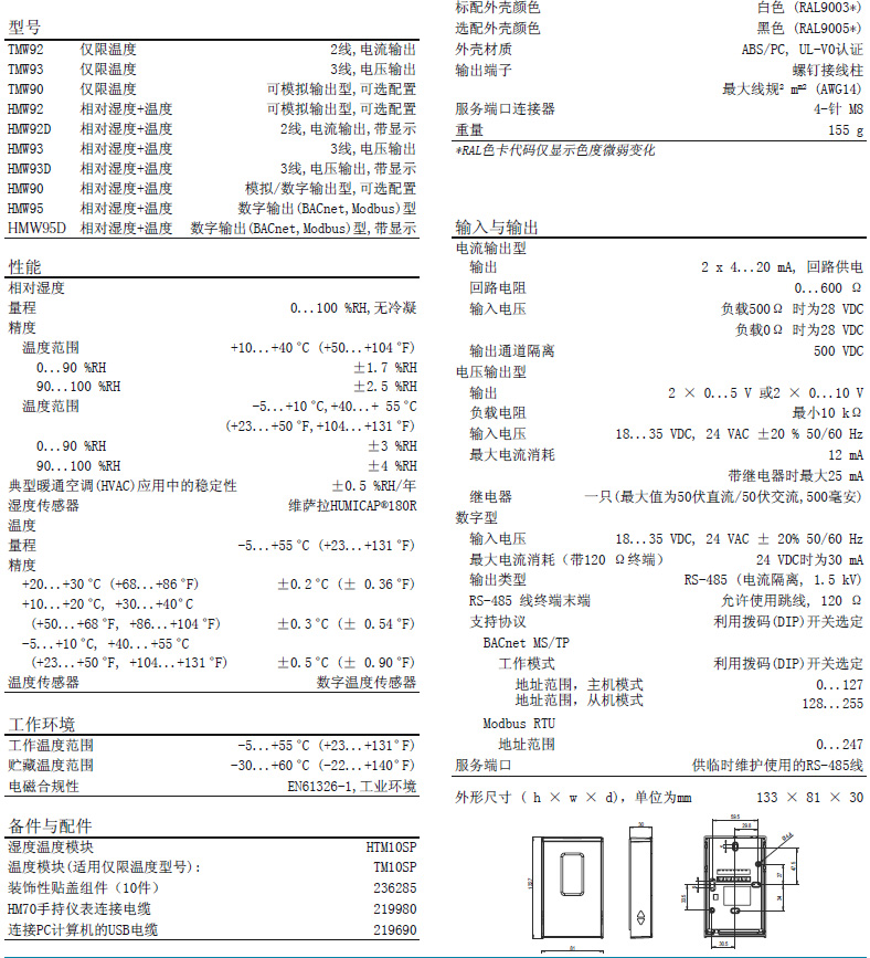 hmw90溫濕度傳感器